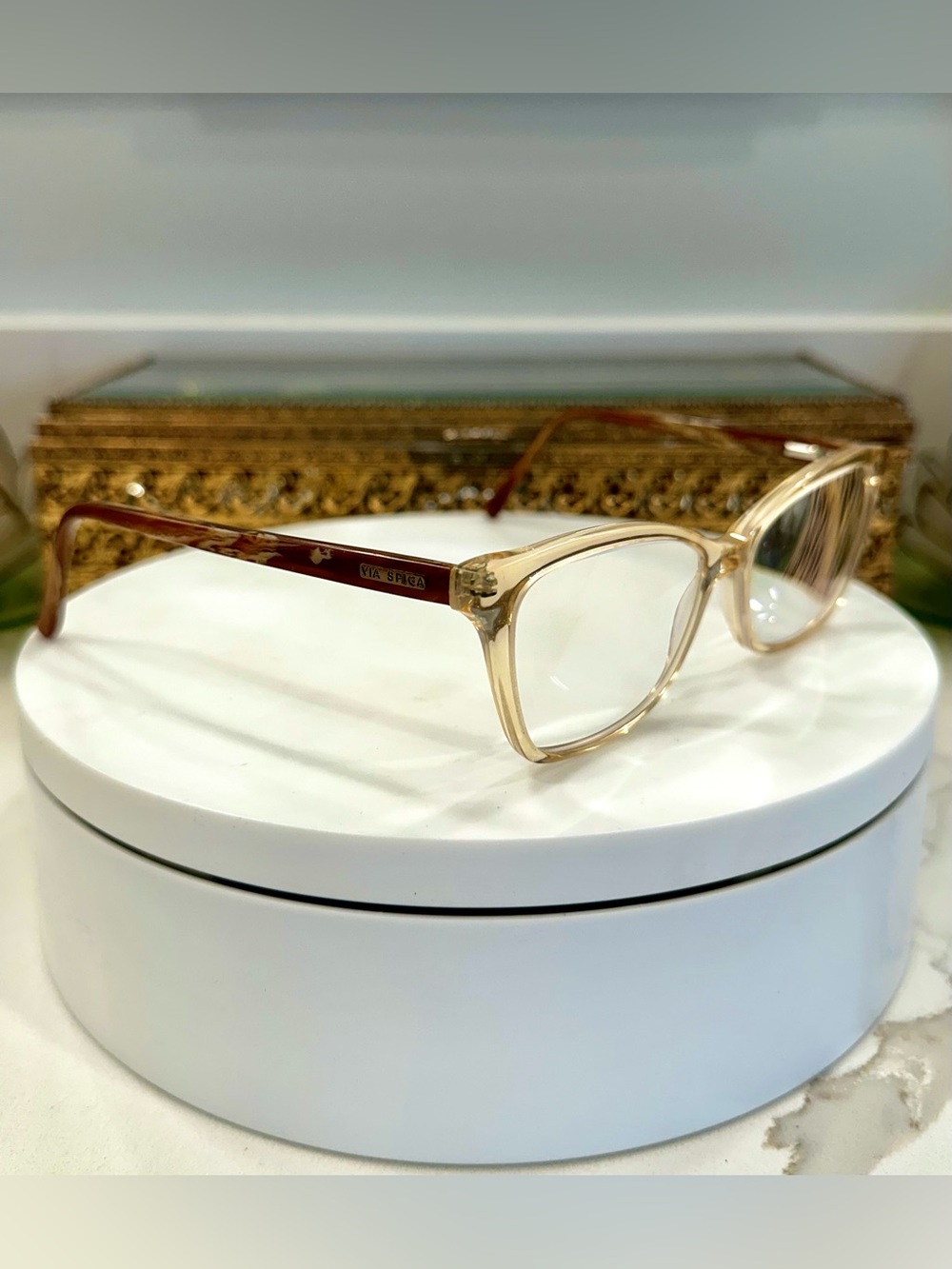 Via Spiga Dulcina Cat-Eye Champagne/Beige Crystal Rx Eyeglass Frames - VGUC